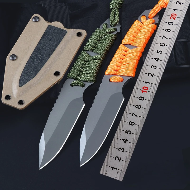 Cuchillo y quilla para exteriores, cuchillo táctico integrado con funda, hoja 8Cr13Mov, mango de cuerda de nailon colorido, herramienta pequeña súper genial