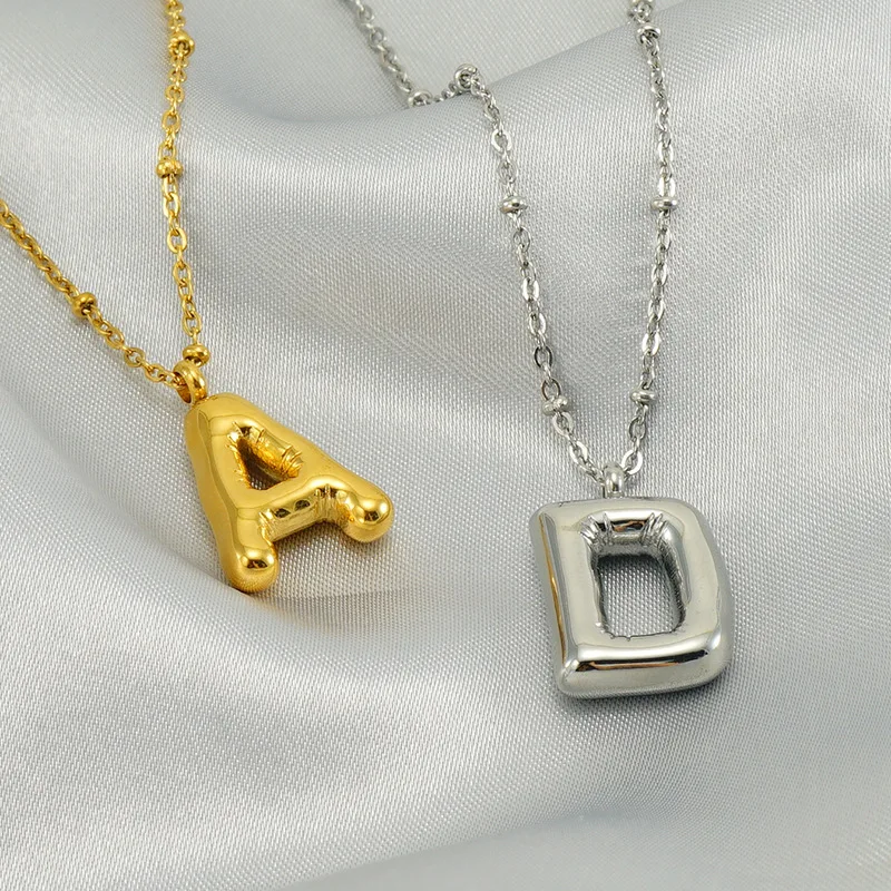 

Balloon 26 Letter Necklaces Smooth Stainless Steel Bubble letter Initial Pendant Chunky Women Personality Jewelry Gold Plated