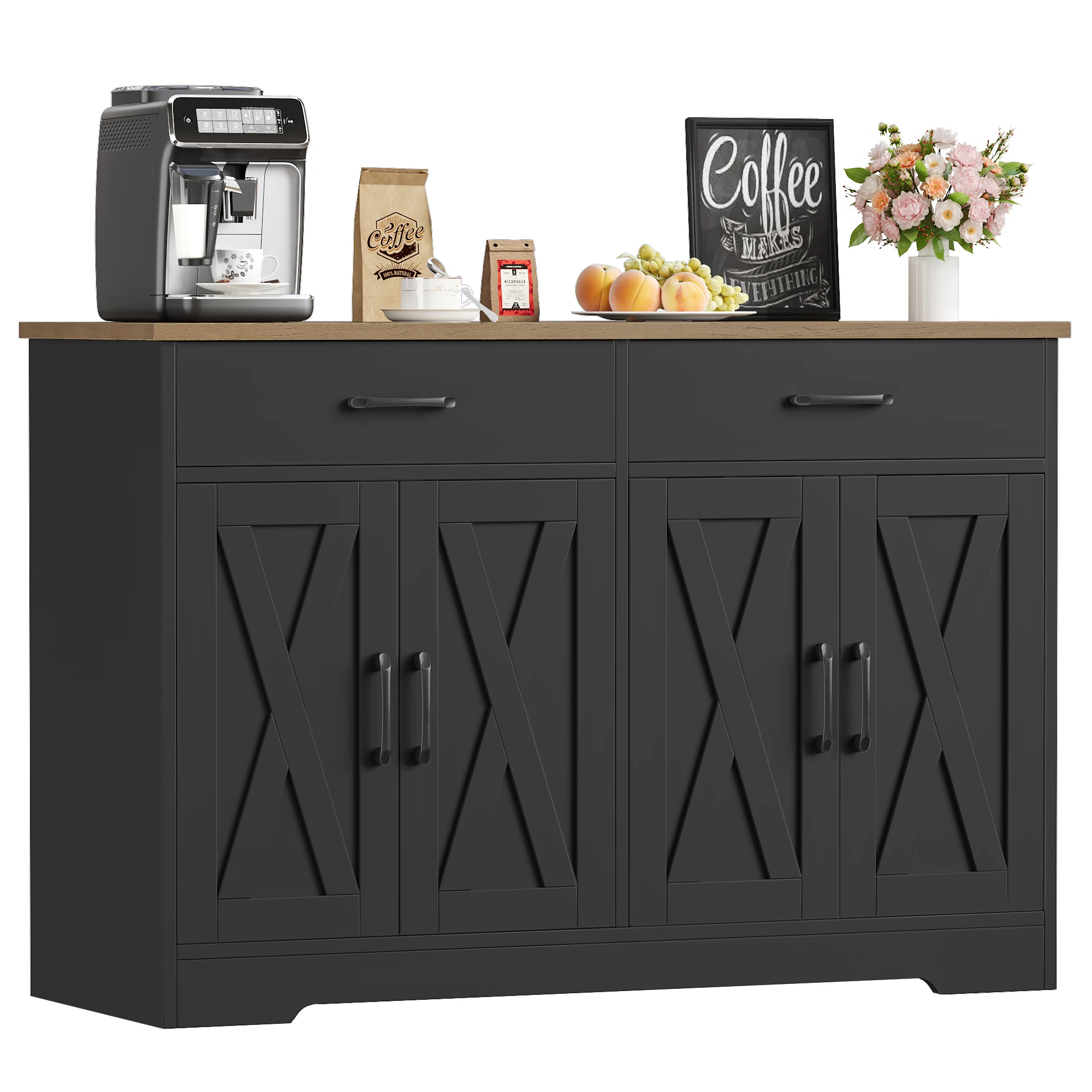 Imagen: Aparador, armario de cocina de 120 cm de ancho con paneles, armario de almacenamiento tipo buffet para cocina con 2 cajones y 4 puertas