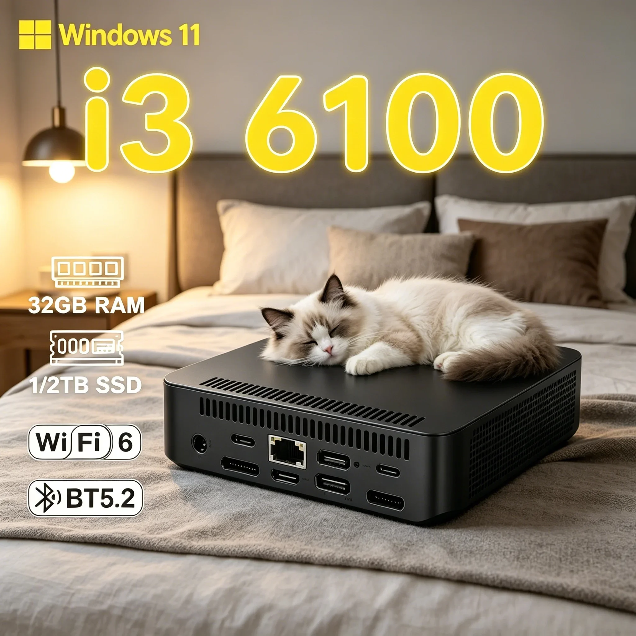 Core I3 6100 High Speed Mini PC 32GB Large Memory Win11 Pro WIFI 6 Bluetooth 5.2 Home Study Mini Host