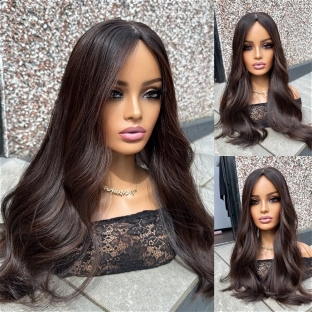 Soft Wave Wig 13x4 Free Part Ombre Dark Brown Synthetic HD Lace Front Wig for White Black Women Preplucked Hairline Party Wigs