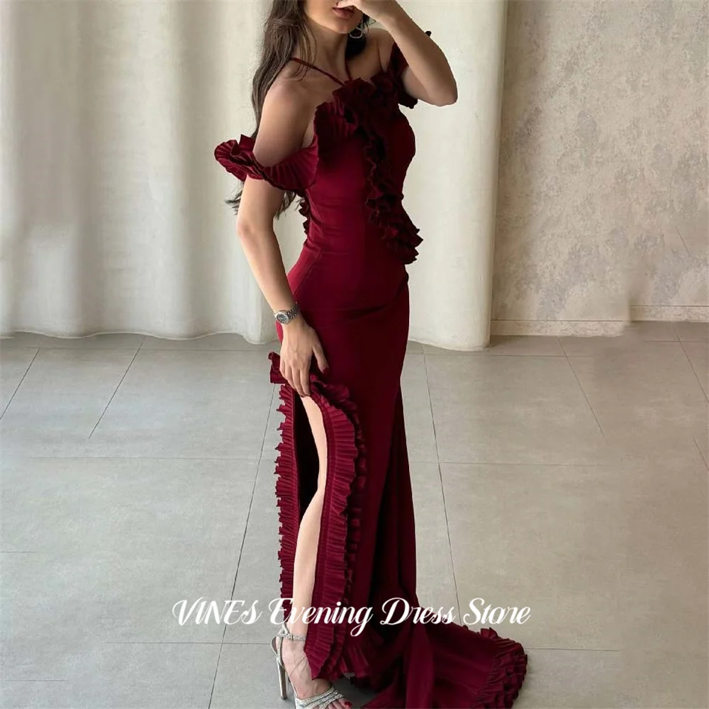 

VINES Burgundy Halter Prom Dresses with Ruffled Trim Evening Dress High Slit Train Party Dress vestidos de fiesta Customized
