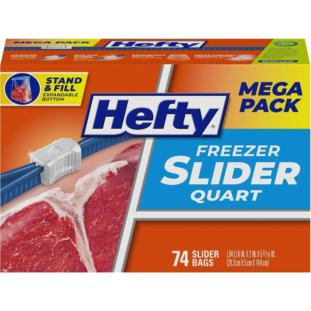 Slider Quart Freezer Bags 74 Count Writable Label Secure Zip Click Closure for Leftovers Fruits Veggies Food Storage Reusable Thick Plastic Bags