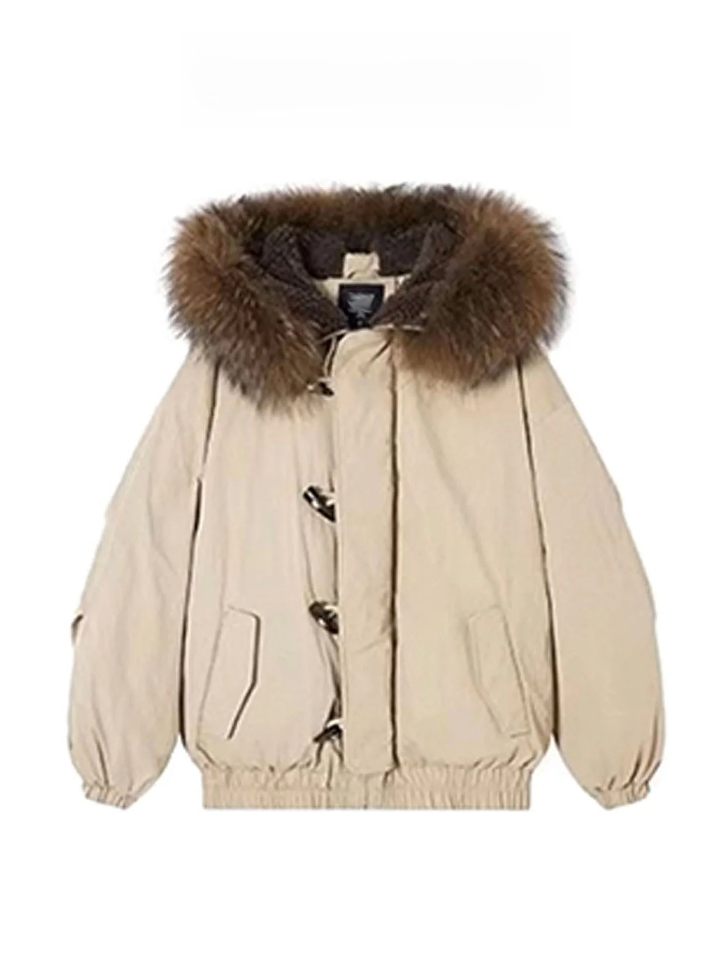 

Retro Thiened Winter Coat Women's down Cotton Jaet with Hood Bread Sle Large Fur Collar Warm Woolen Button Outerwear
