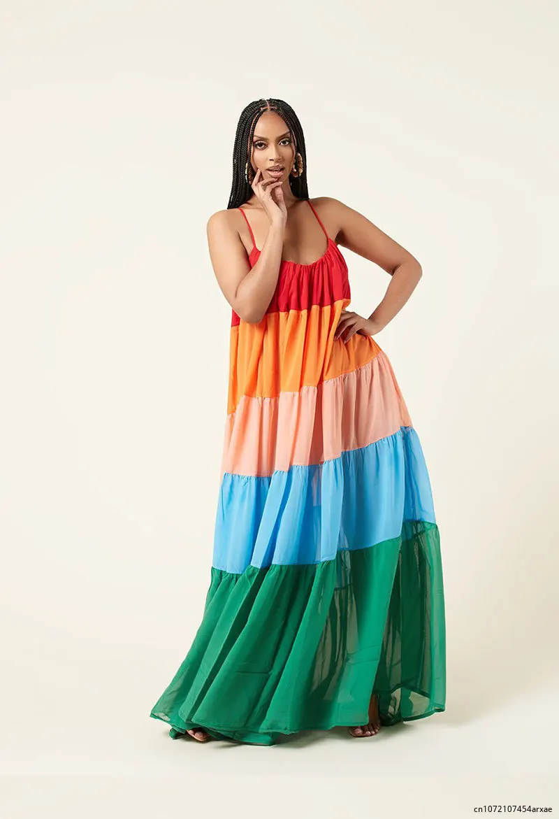 Vestido Midi informal de verano para mujer, traje Multicolor de retazos con escote en V y tirantes, sin mangas, 2024