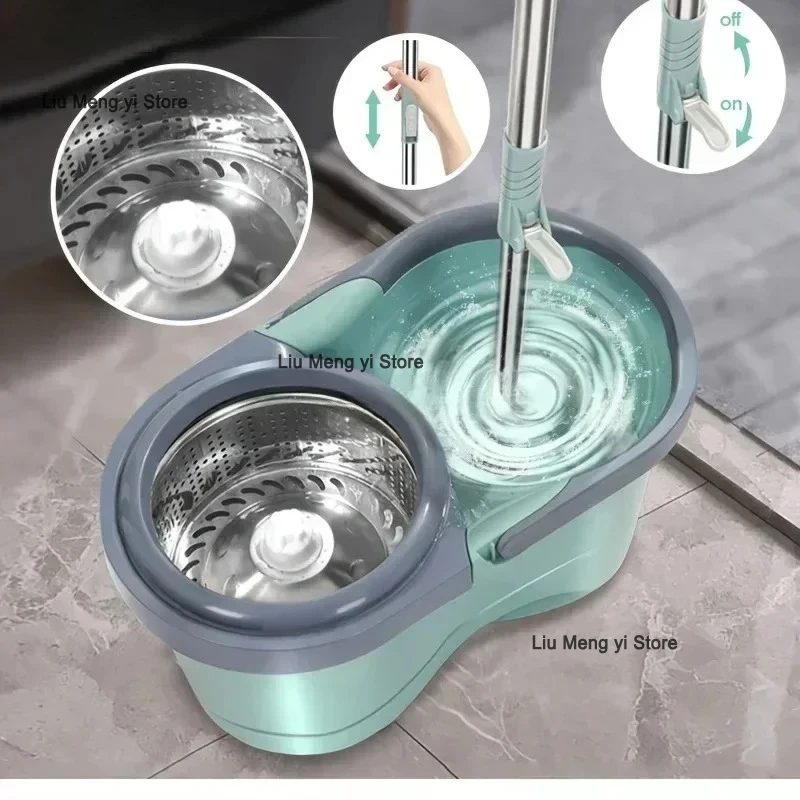 Combinaison, vadrouille rotative automatique/3 têtes de rechange pour vadrouille, seau de remorquage en microfibre propre, seau de vadrouille magique paresseux.