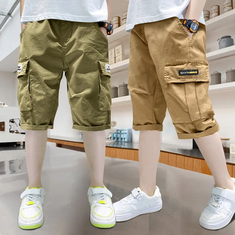 UNITIM Summer 3-14Yrs Kids Boy Shorts Thin Breathable Young Teenager Boy Suspenders Sticker Pockets Children Boy Shorts Overalls