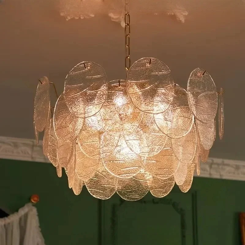 French Retro Oval Textured Glass Disc Chandelier Gold Metal Suspension Light Ceiling Pendant Lamp Home Bedroom Decor