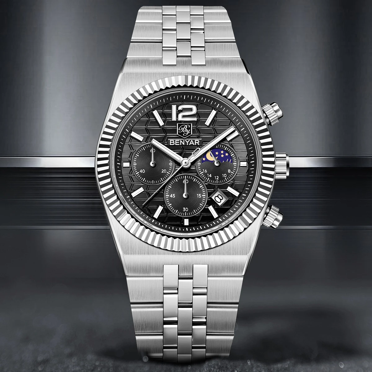 

New BENYAR Men's Watches Top Luxury Chronograph Quartz Watch For Men Moon Phase Stainless Steel Waterproof Man Gift Clock 2026
