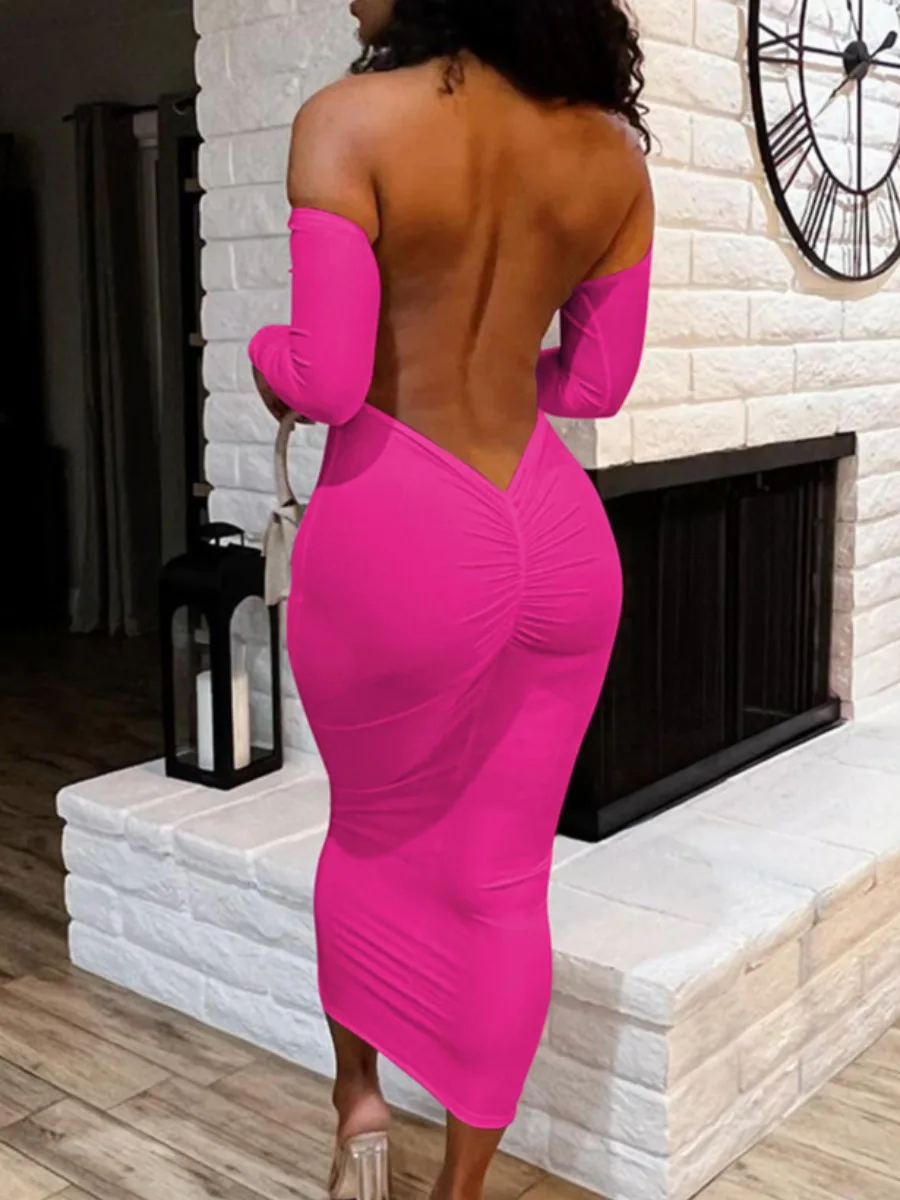 

LW Bateau Neck Backless Ruched Bodycon Dresses Sexy Shirred Skinny Maxi Dresses Long Sleeve Vestidos Women's Party Clubwears