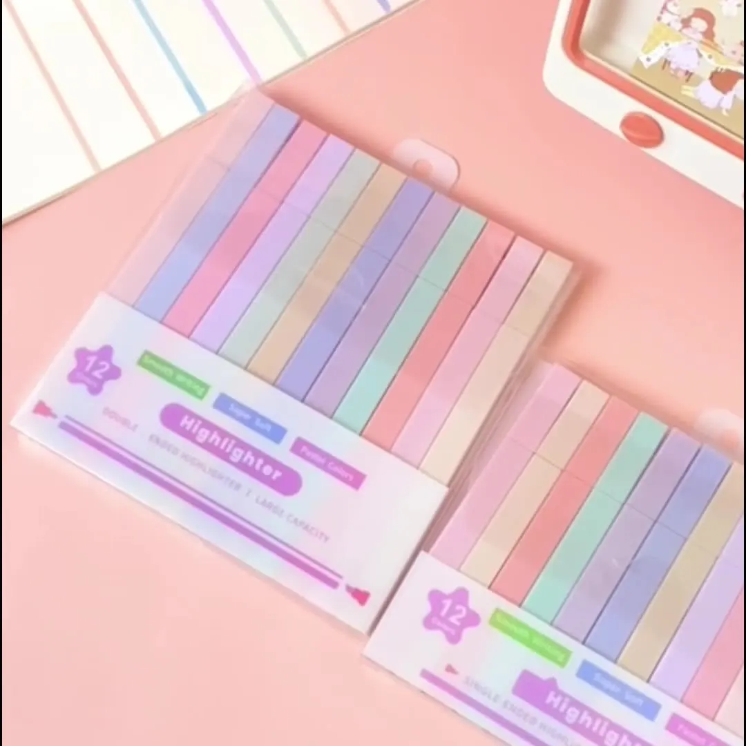 12 Colors Double Tip Aesthetic Highlighters - Soft Color Notebook Marker Pens for School, Study & Planner Note Taking