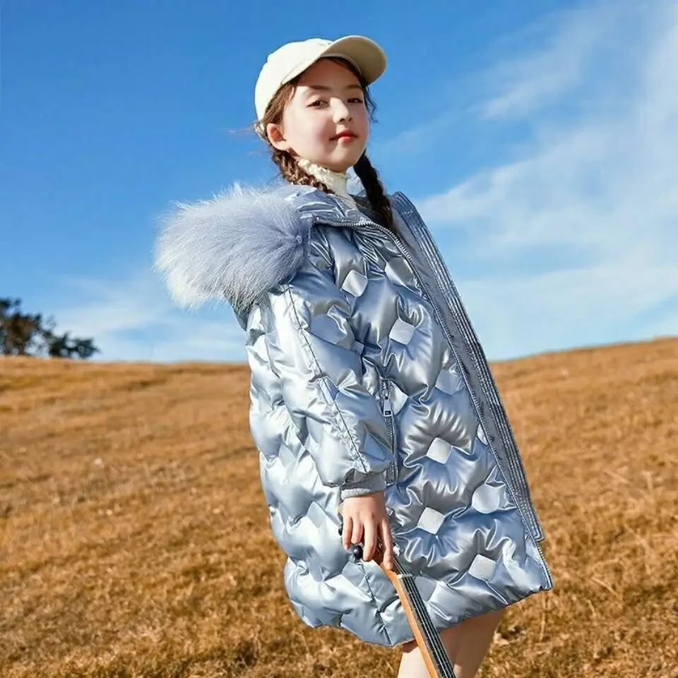 Russia Winter Girls Parkas Faux Fur Collar Baby Girl Long Jacket Junior Children Snowwear Coat Down Cotton-padded Coat Thick