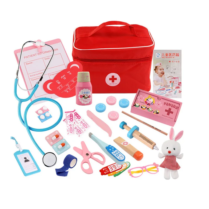 Ensemble de jouets de docteur en bois pour enfants, kit de jeu de simulation pour filles et garçons, dentiste médical rouge, boîte à médicaments,