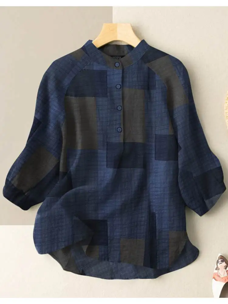 Moda ZANZEA kobiety bluzka w szkocką kratę koszule Oversized w stylu Vintage 2023 wiosna jesień 3/4 rękaw topy luźne zapinana Blusa Femme