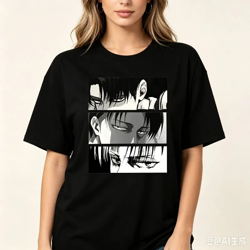 Anime Eyes Collage Print Women T‑Shirt Black White Manga Art Graphic Modal Soft Tee for Street Holiday Daily Outdoor Casual Wear