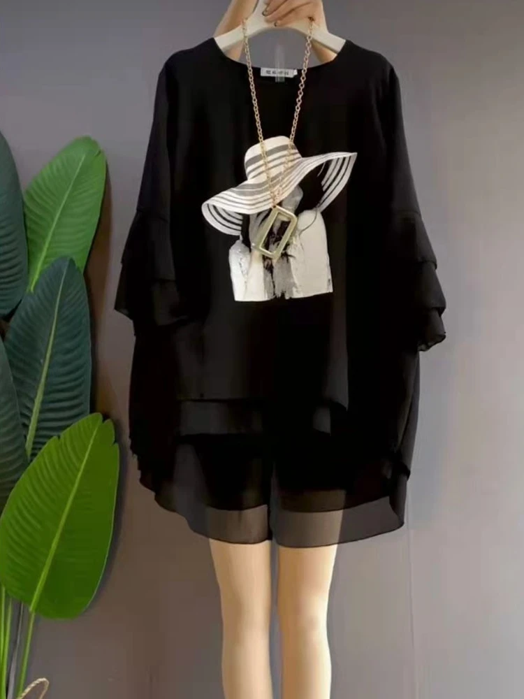 

plus Size Women's Summer Korean Style Loose Fit Bell Sleeve Cover up Chubka Shirts Wide Leg Pants Casual Comfortable Dresses