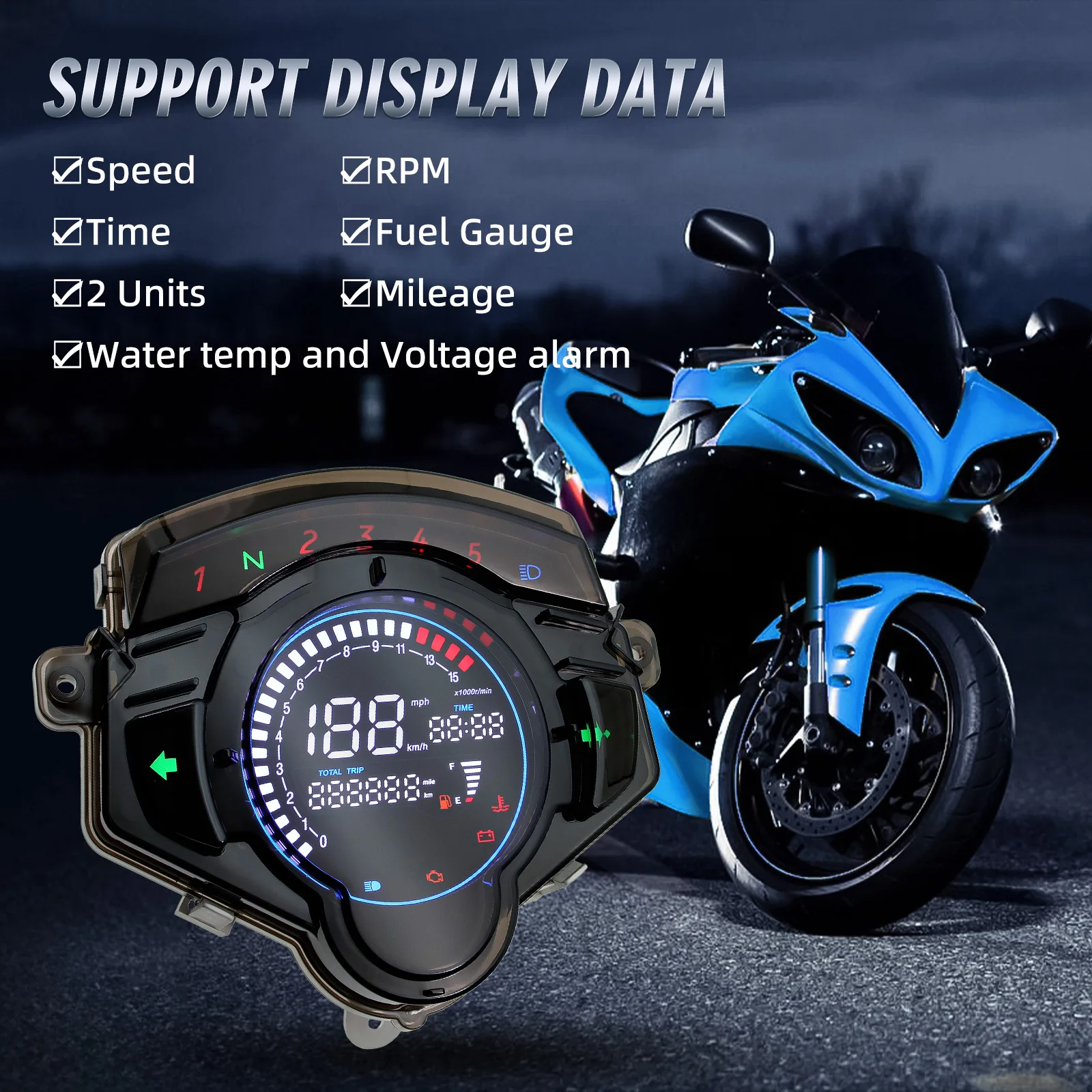 For Yamaha LC135 V2 V3 V4 V5 V6 V7 Motorcycle Digital Meter km/h mph LCD Speedometer RPM Tachometer Fuel Water Temp VOLT Alarm