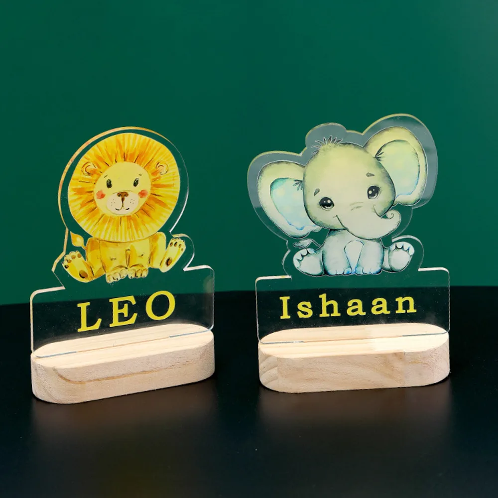 

New creative children's exclusive name cartoon animation wooden lamp decoration, lion elephant transparent color printing