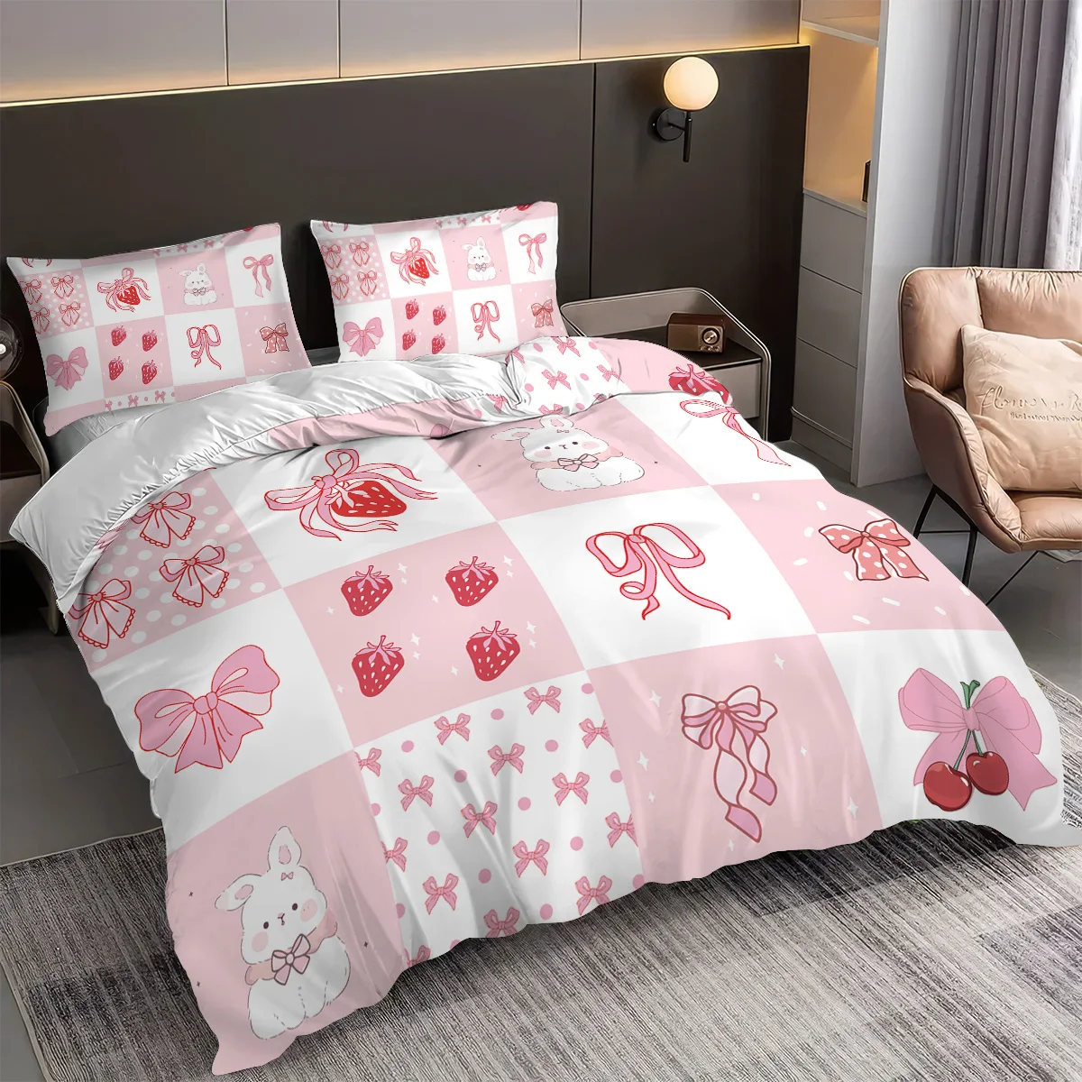 

3pc bedding pink rabbit bow strawberry print (1 set +2 pillowcases, no core), bedding, various size to meet different needs