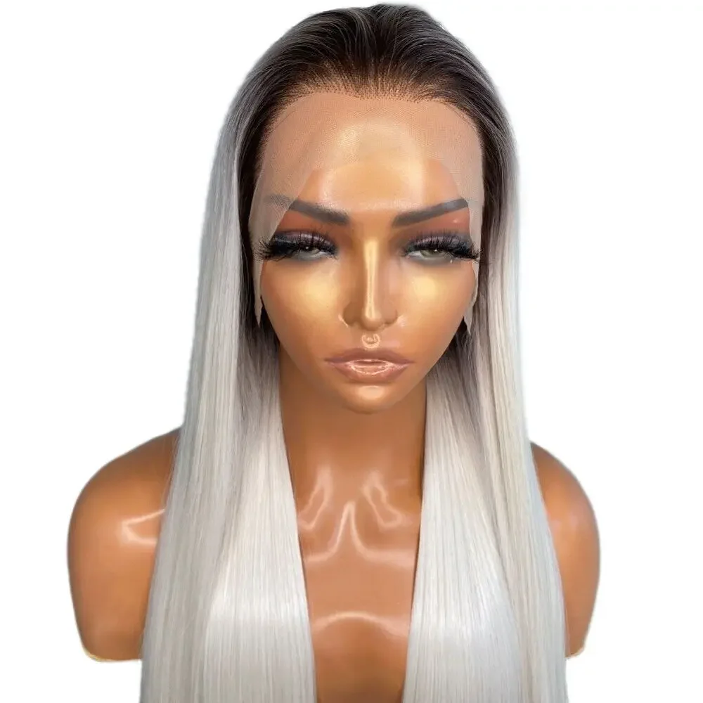 Platinum blonde Long Straight Frontal T Lace Wigs Synthetic Hair Heat Resistant