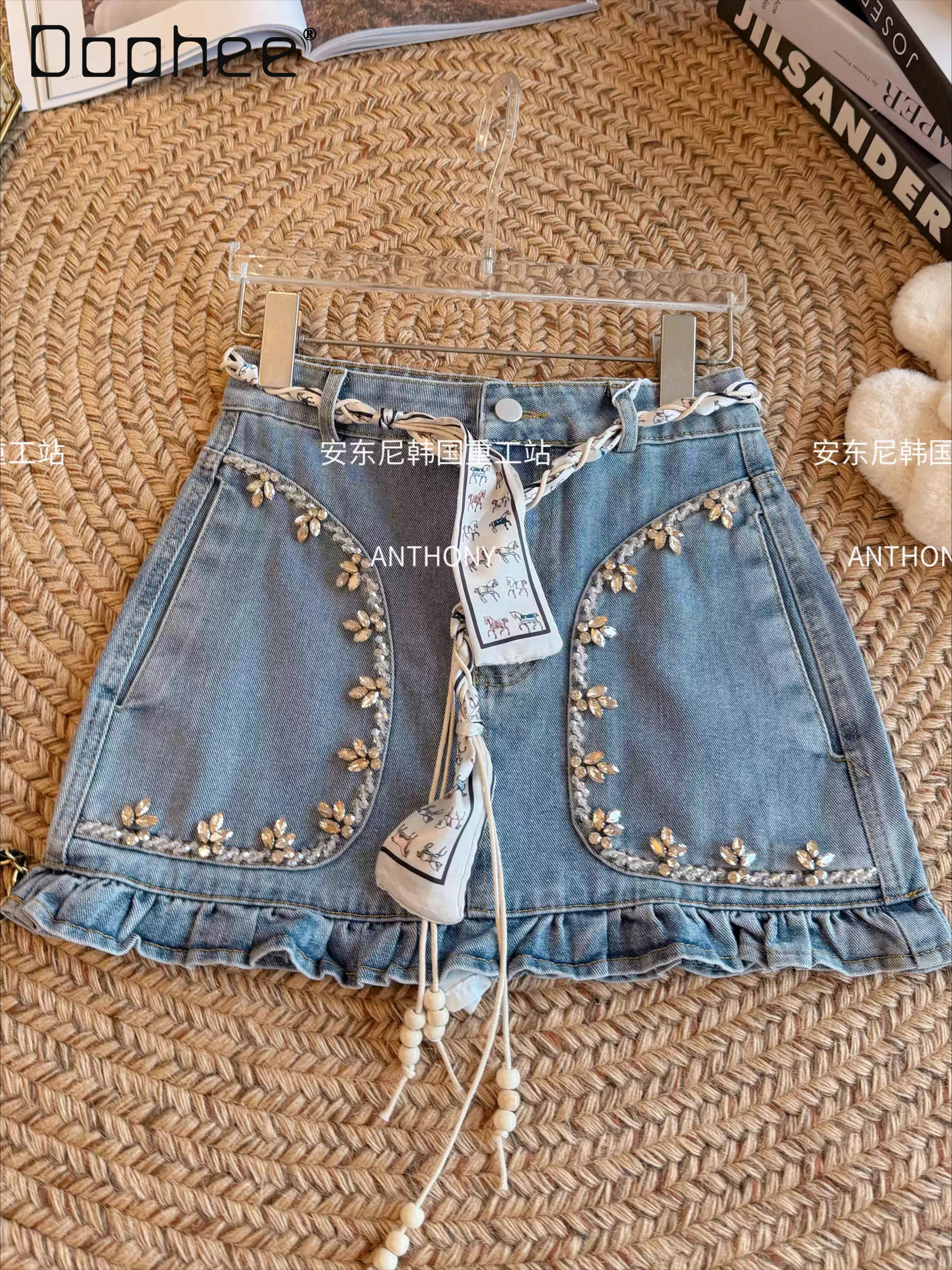 

Summer 2026 New Heavy Industry Diamond-encrusted Denim Skirt High Waist Slim Silk Scarf Temperament A-line Skirts Mini Skirt