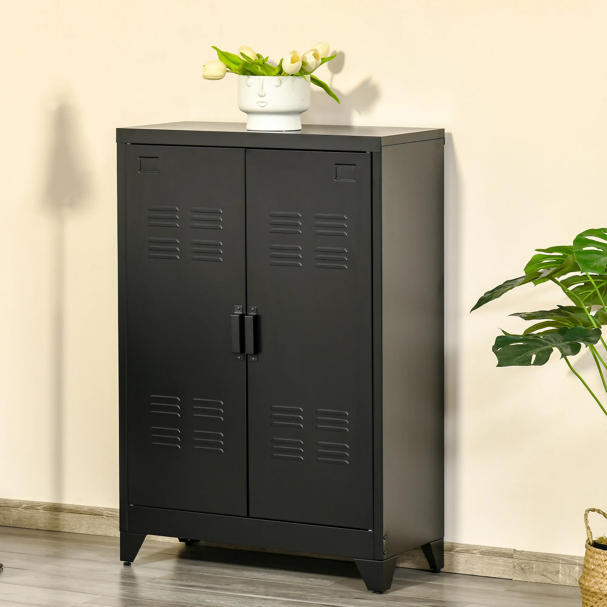 2-Tier Steel Storage Cabinet w/ 2 Adjustable Shelves for Office Garage, Black