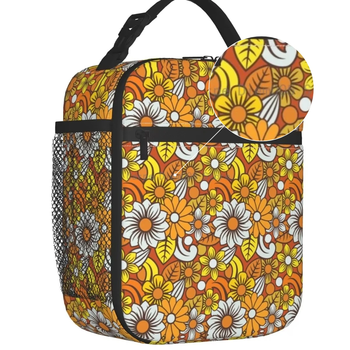 Retro 70s Orange Flower Pattern Insulated Lunch Tote Bag Mid Century Modern Bohemian Portable Cooler Thermal Bento Box Camping