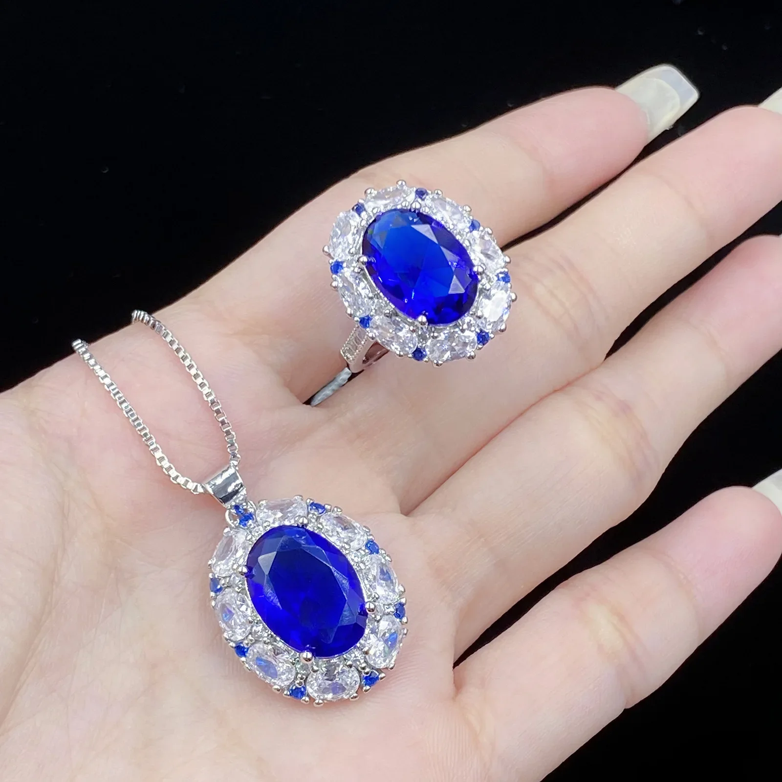 2023 Trendy S925 Silver Blue Color Cubic Zirconia Carved Sapphire Jewelry Sets for Women Luxury Necklace Ring Fine Jewelry Gift