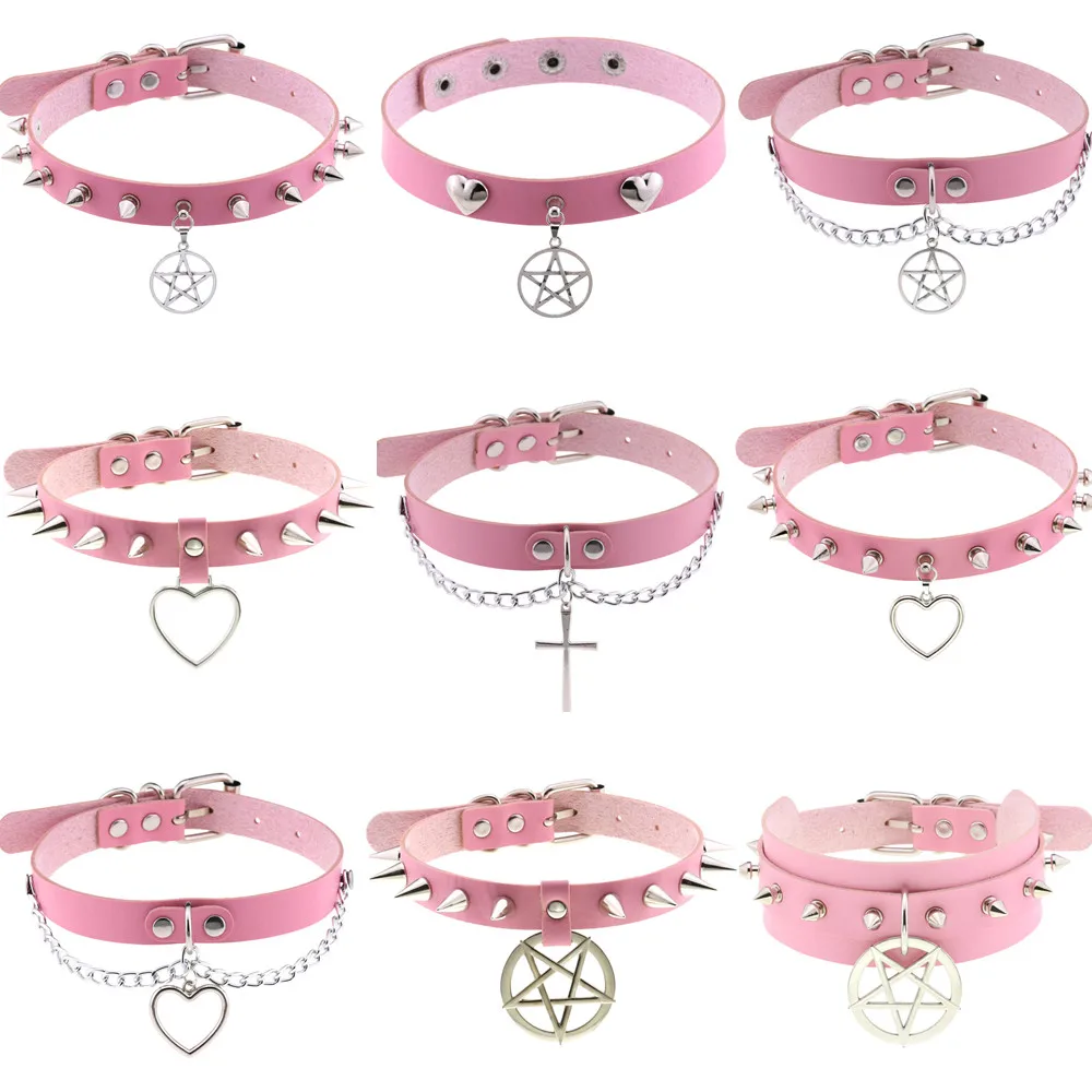 DIEZI Harajuku Pink PU Leather Star Heart Flower Choker Necklace Torques For Women Men Gothic Pink PU Leather Necklace Jewelry