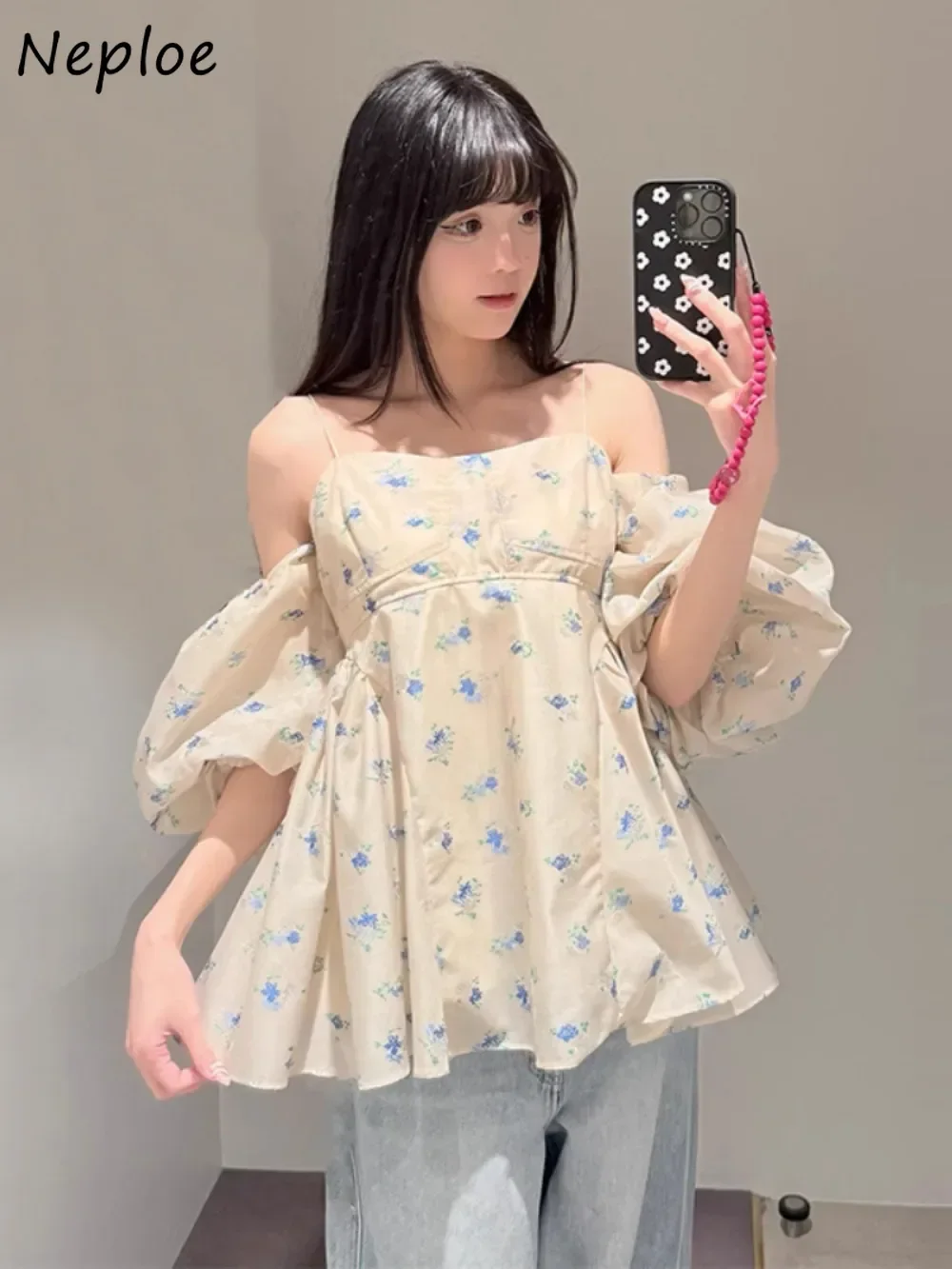 

Neploe Chiffon Slash Neck French Fairy Blouses Puff Sleeve Fresh Sweet Off Shoulder Print Sling Shirt Japan Ruched Ruffles Top