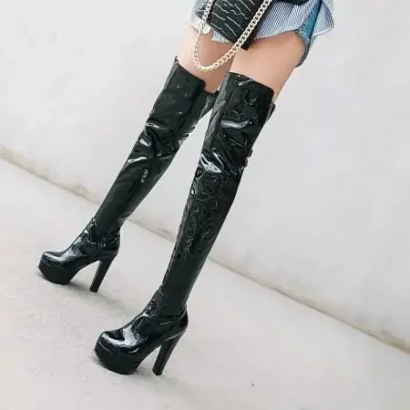 Women Platform Over The Knee Boots Sexy 12CM Super High Heels Red Patent Leather Long Boots Woman 2025 Winter Black Shoes