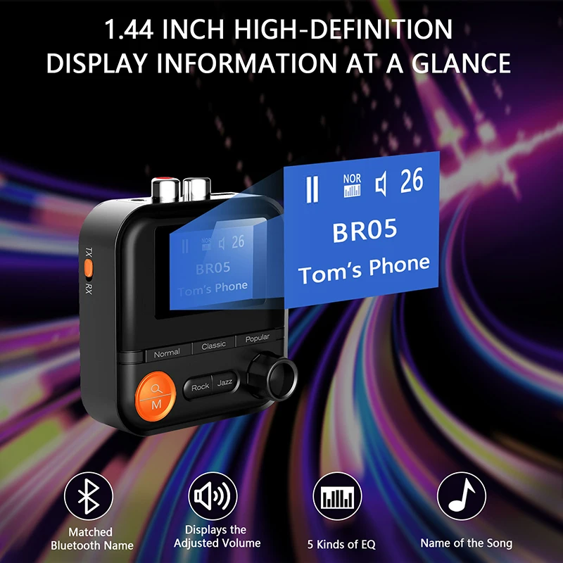 Receptor transmisor inalámbrico con Bluetooth, Adaptador de Audio con 5 modos EQ, 3,5 MM, AUX, RCA, TF, pantalla HD, para PC, TV, altavoces de coche, 2 en 1