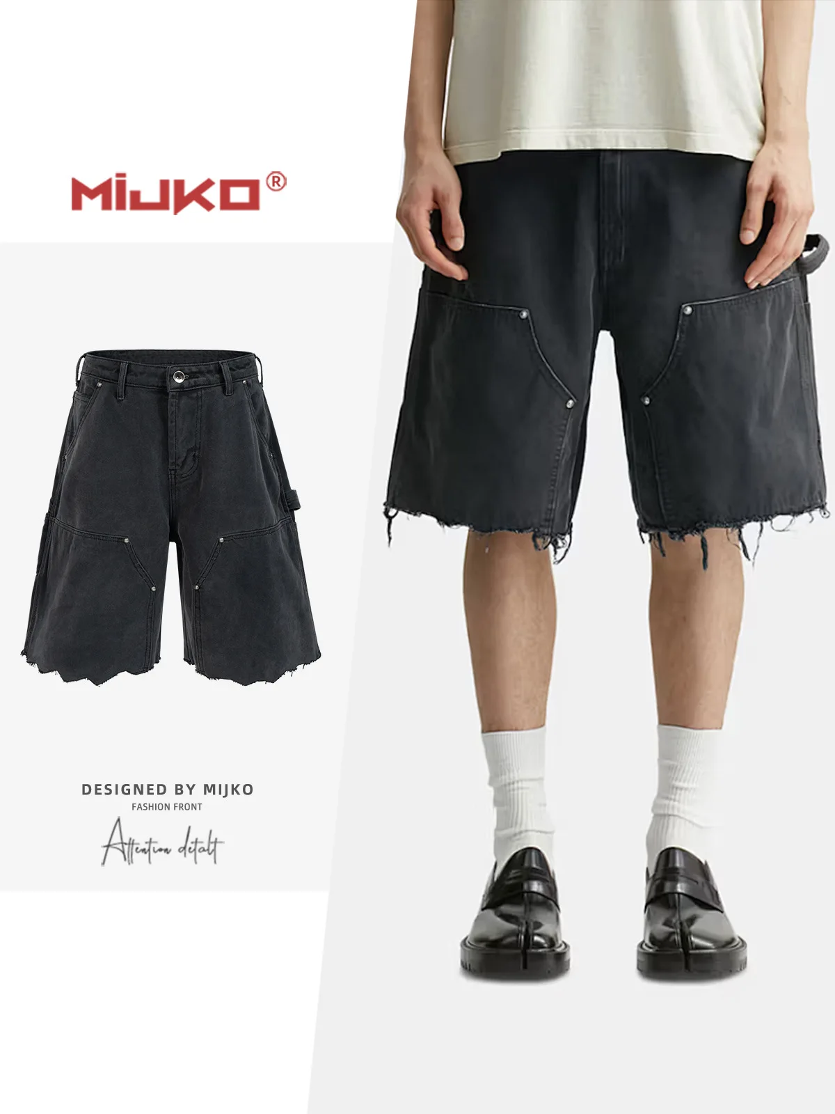 

MIJKO Unisex Work Shorts Spring Summer Rivet Pocket Logger Cat Whisker Fuzzy Edge Cuff Trendy for Men And Women TJ174