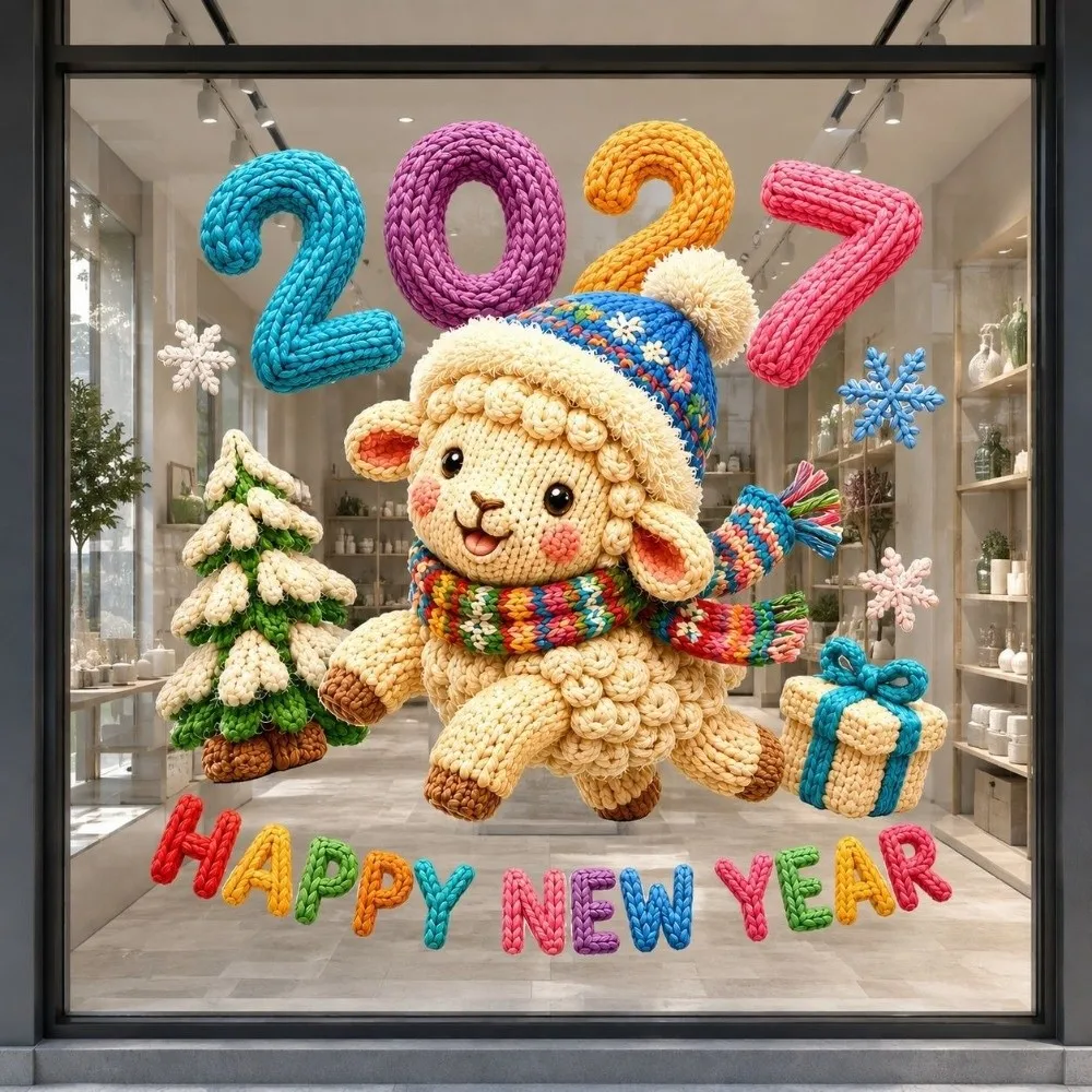 Colorful Happy New Year Window Stickers Large Size Waterproof 5D Window Glass Decor 2D Flat Print Funny Glass Electrostatic Film