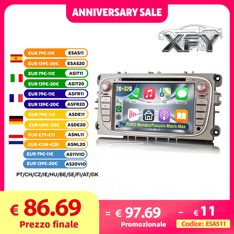 

XFY For Ford Focus mk2 S-Max Mondeo Galaxy C-Max Car Radio Carplay GPS Multimedia Video Player DSP AHD DVR 2Din Stereo 2026 NEW