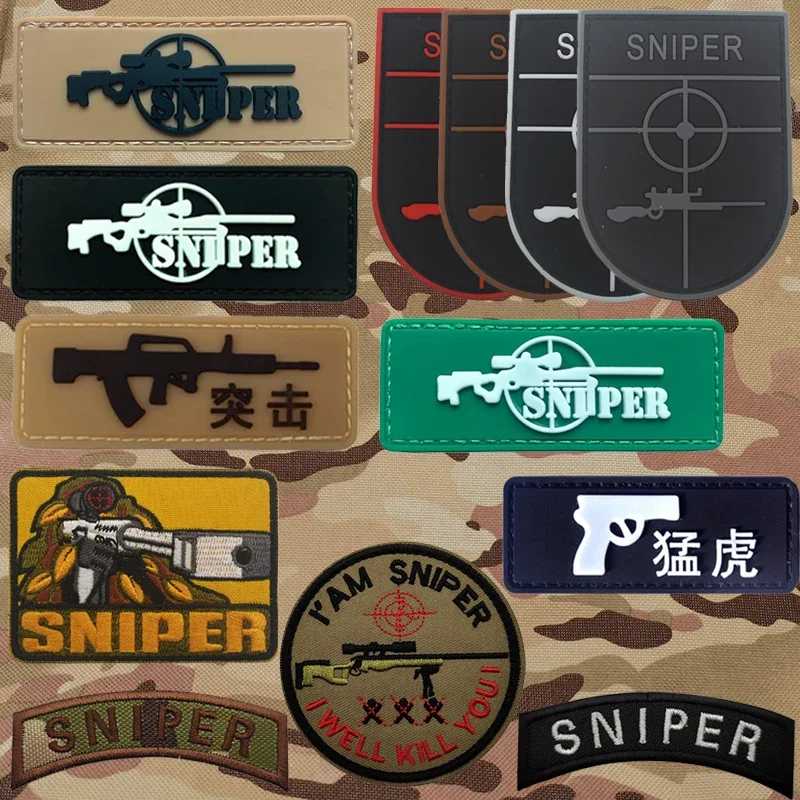 Shooter Aiming Sniper Rubber Patches Military Gun Shape Badge Stickers On Clothing With Hook