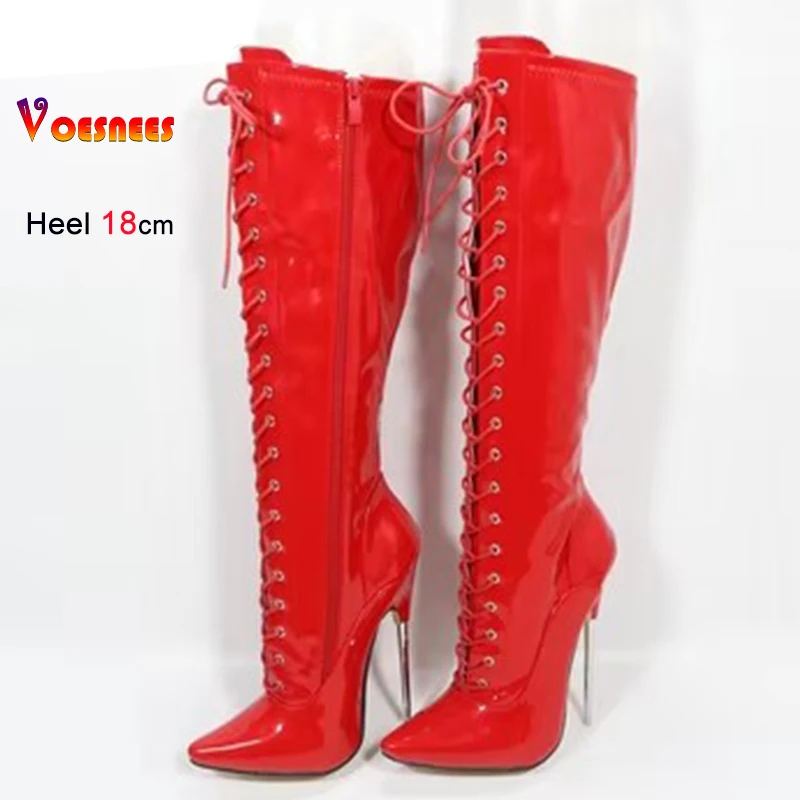 Voesnees Neue 18 cm Metall Ferse Kniehohe Frauen Stiefel Nachtclub Bühne Spitz Pole Dance Schuhe Patent Leder Benutzerdefinierte farben Plus Größe 4