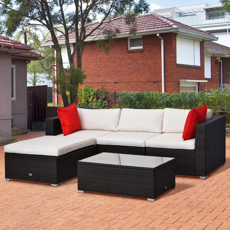 

5-Piece Brown/White Patio Set, PE Rattan Wicker Sofa/ Cushions & Pillows, Glass Coffee Table,-Resistant Outdoor