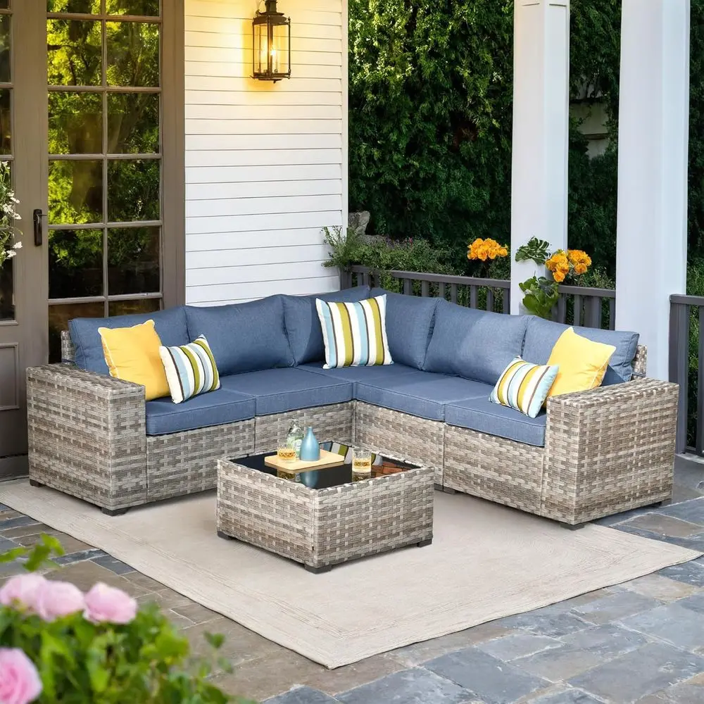 

6-местный синий комплект садовой мебели из ротанга с кофейным столиком для балкона, веранды или заднего двора