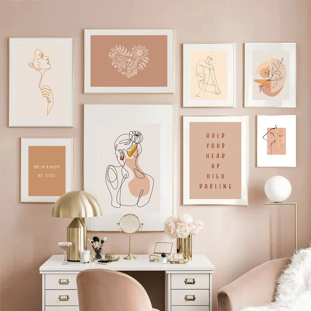 Abstract Woman Line Drawing Canvas Painting Black Beige Neutral Wall Art Modern Minimalist Art Poster Bedroom Home Decor