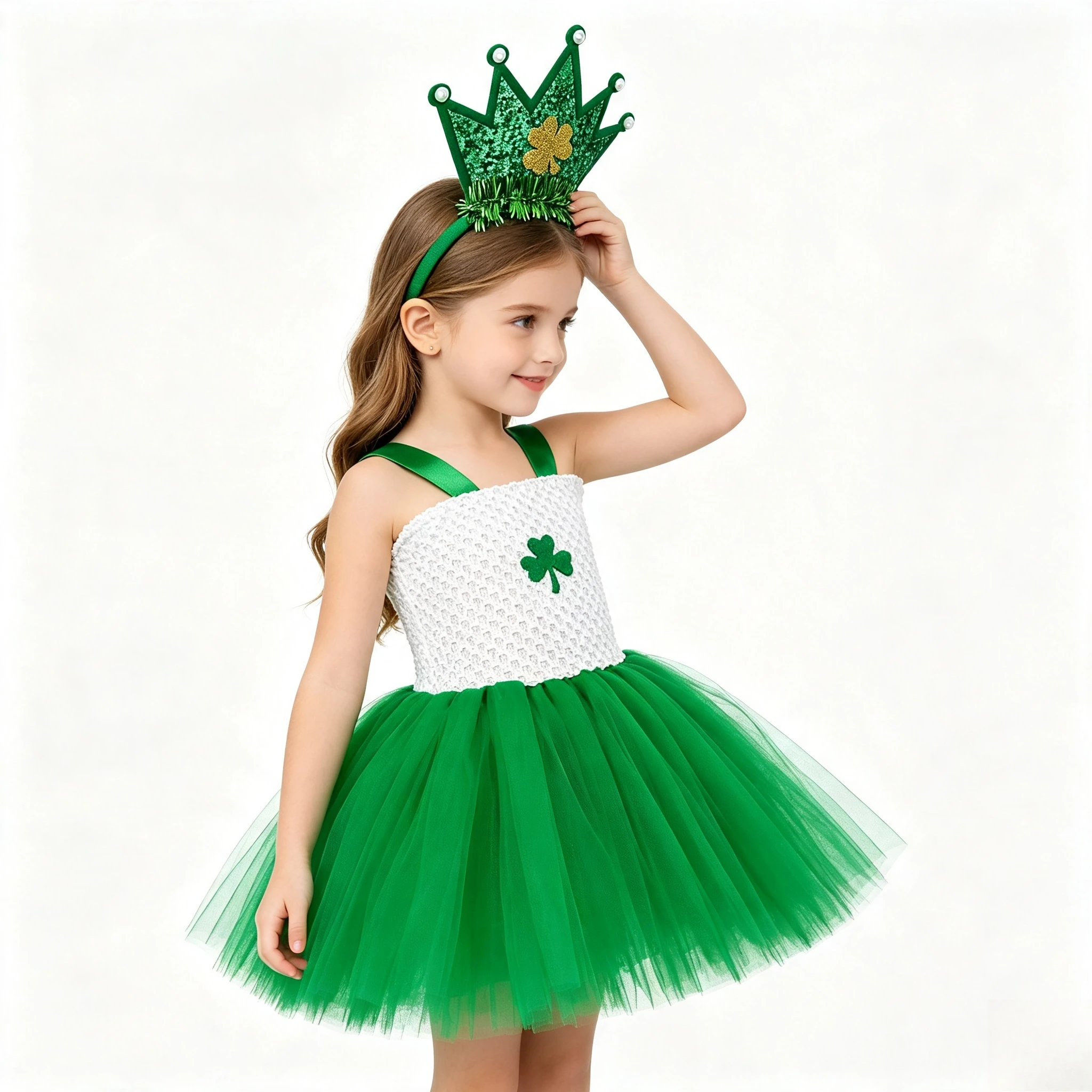 Halloween Green Fluffy Tutu Dress Girls Princess Tulle Skirt Holiday Daily Photo Outfit With Clover Headband Accessory Outfit