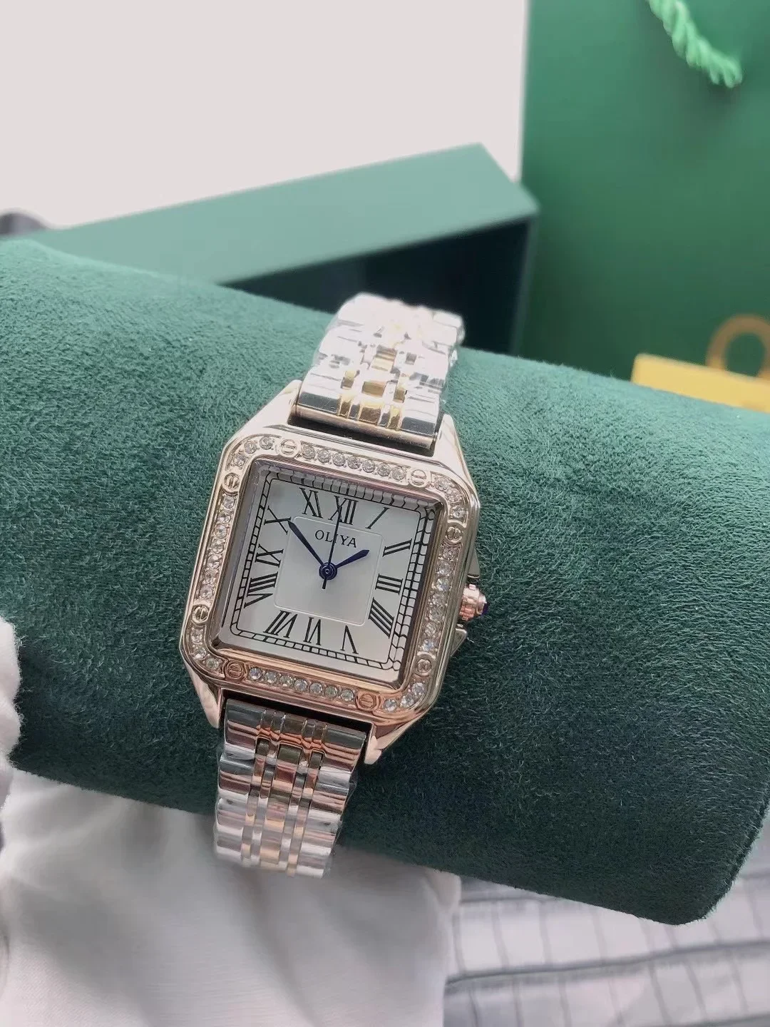 Relógio feminino leve e luxuoso à prova d'água, pequeno quadrado, série santos, relógio de quartzo de aço inoxidável incrustado com diamantes