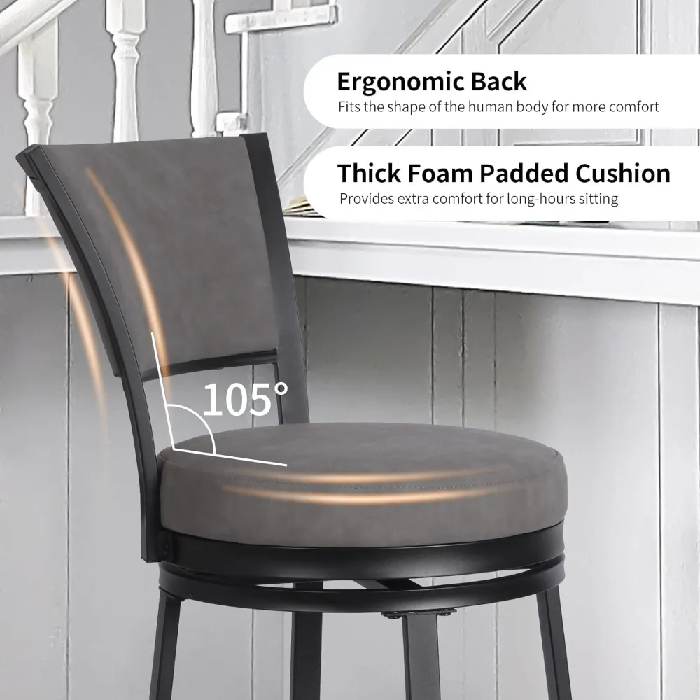 เก้าอี้บาร์, เก้าอี้บาร์ทรงสูงแบบโมเดิร์น ชุด 2 ตัว, เก้าอี้บาร์ทรงกลมหมุนได้ ขนาด 25 นิ้ว หุ้มหนังเทียม พร้อมพนักพิง, โครงโลหะหุ้มเบาะ