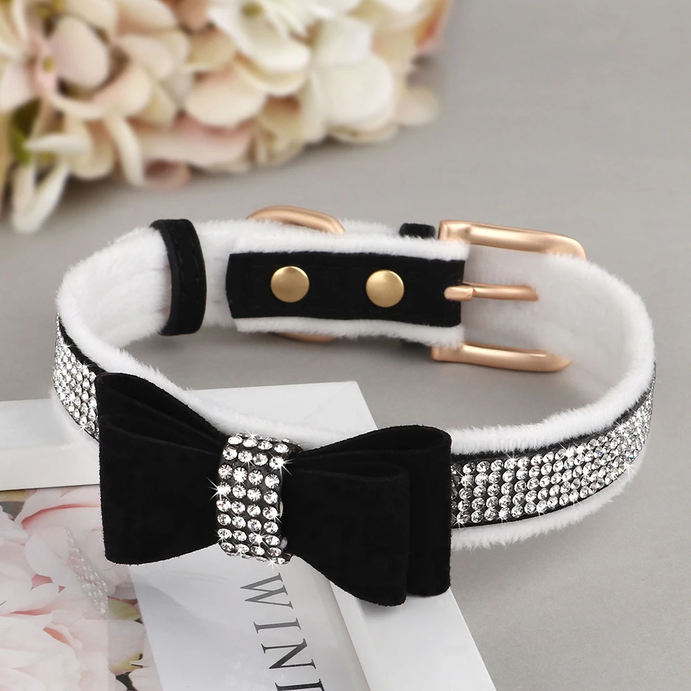 Cute Bowknot Dog Collar Bling Rhinestone Small Dogs Cat Collars Soft Velvet Pet Puppy Necklace Warm Glitter For Dogs Chihuahua