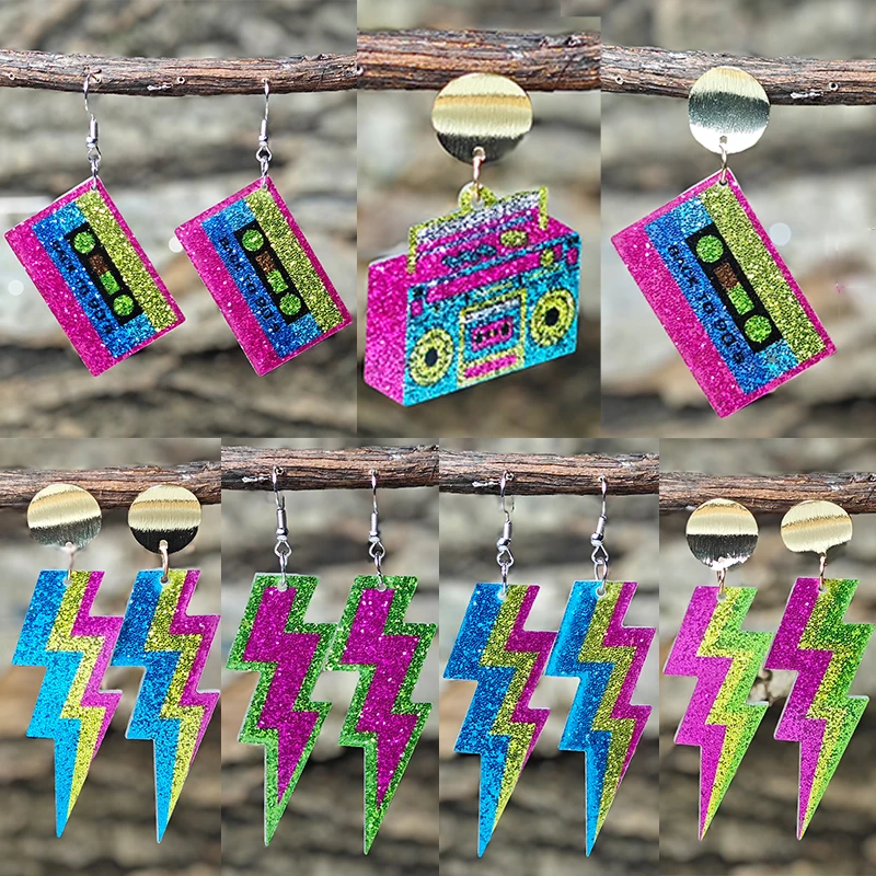 Shining fluorescent tape retro radio lightning pendant earrings, summer sparkling lightning earrings