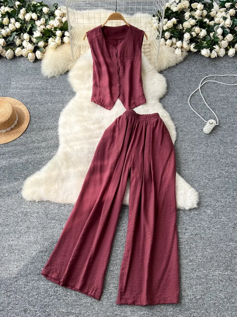 Fashion Casual Pants Suit Women New Summer V-neck Sleeveless Vest Tops Wide Leg Pants High-grade Two-piece Set for Women