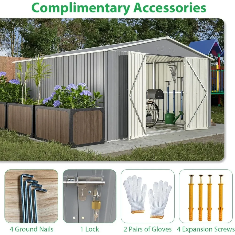 11 x 13FT outdoor metal storage shed with floor frame base, galvanized steel garden shed with 4 ventilation openings