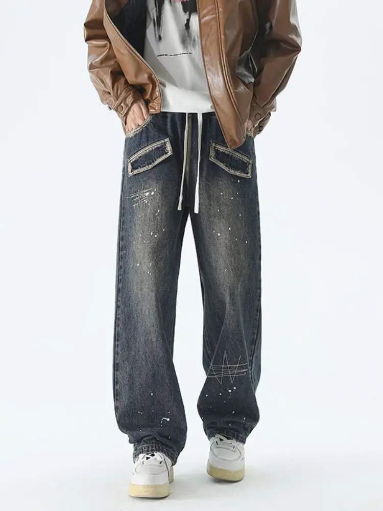 

American Sle Men's Workwear Jeans Inkjet Embroidery Wide Leg Straight Cut Spring Autumn Wear Resistant Casual Trousers