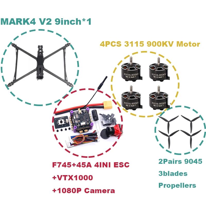 RC MARK4 V2 8/9/10 pulgadas F745 V2 Control de vuelo 45/60A 4INI ESC rack drone FPV fibra de carbono PV Racing Drone Quadcopter estilo libre