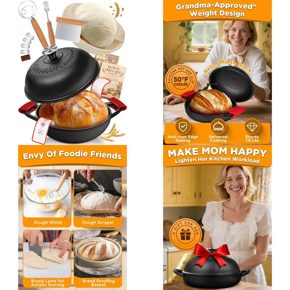

Cast Iron Dutch Oven Bread Baking Pot with Lid, 6 Quart, Complete Sourdough Kit Including Banneton Basket, Dough Tools, Silicone